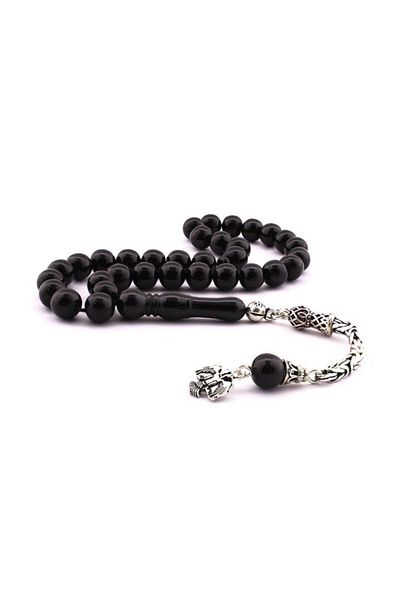 Tesbihsepetim Globe Cut Silver Tasseled Oltu Stone Rosary