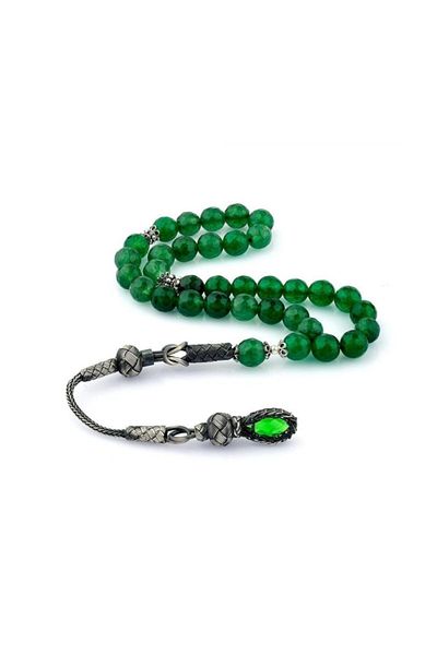 Tesbihsepetim Green Agate Stone - 1000 Sterling Faceted Tasseled Rosary