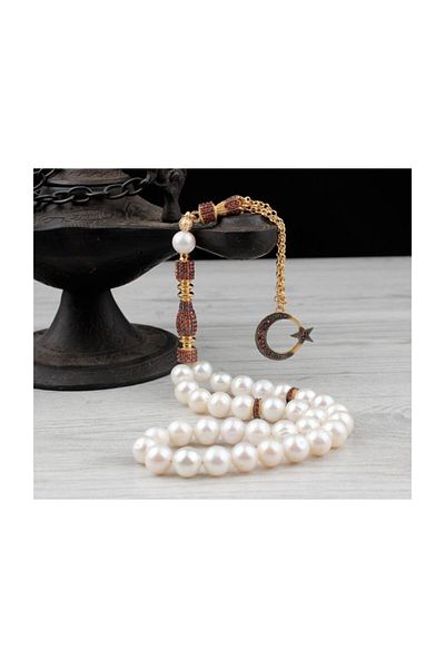 Tesbihsepetim Natural Zircon Stone Silver Tasseled Pearl Rosary