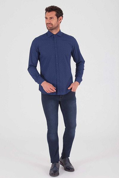 Hatemoğlu Тъмносиня спортна риза с дълъг ръкав Slim Fit с щампа