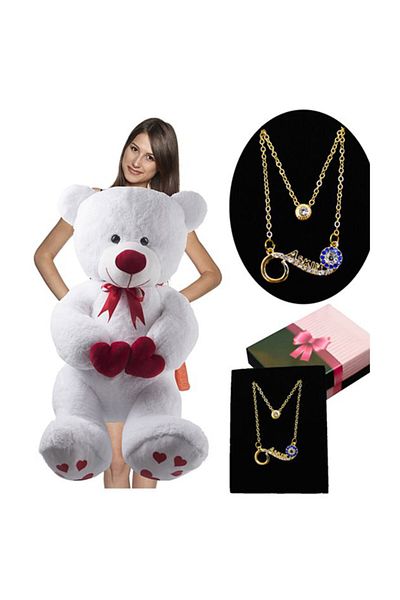 Özgüner Oyuncak 100 cm Double Heart Holding Plush Bear My Love Written Necklace