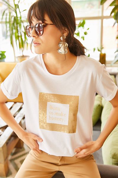 Olalook Tricou alb cu sclipici pentru femei TSH-19000322
