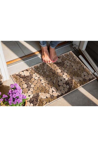 Evsebu Kahve Taş Desen Dekoratif Kapı Önü Paspası