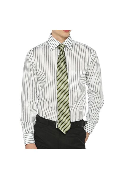 Gomlekplus Yeşil Ve Lacivert Çizgili Beyaz Armürlü Poplin Gömlek