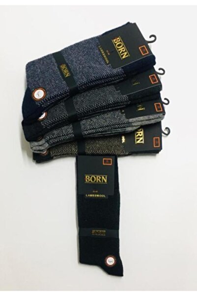 BORN ÇORAP Erkek Mavi Karışık Kışlık Kalın Yün Çorap 4 Çift