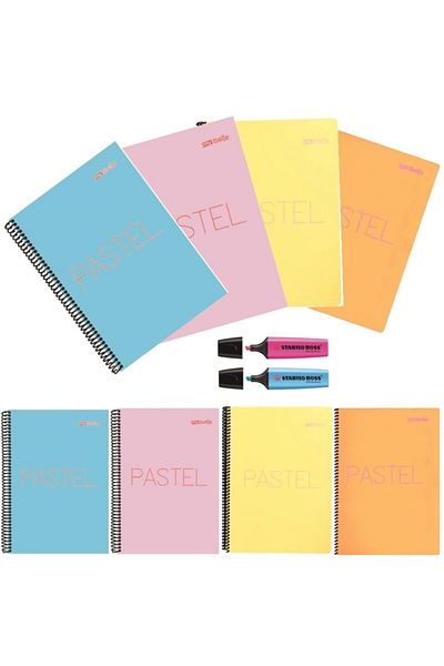 Mynote Umur Pastel A4 Notebook - 100 Yp, 3 τετράγωνοι δακτύλιοι, 1 δώρο Stabilo Boss
