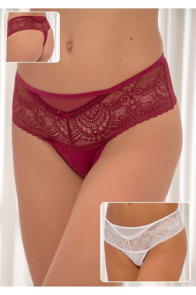 Siyah İnci Tanga din lycra din dantelă de bumbac burgundy-ecru pachet de 2