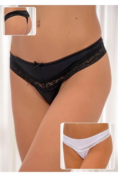 Siyah İnci Black-white 2-pack Cotton Lace Lycra Thong