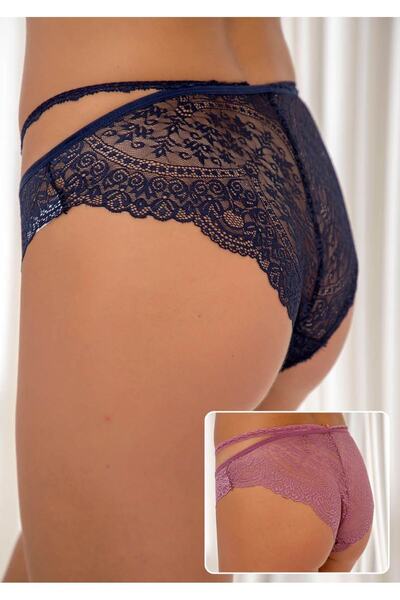 Siyah İnci Lacivert-gül 2'li Dantelli Likralı Külot