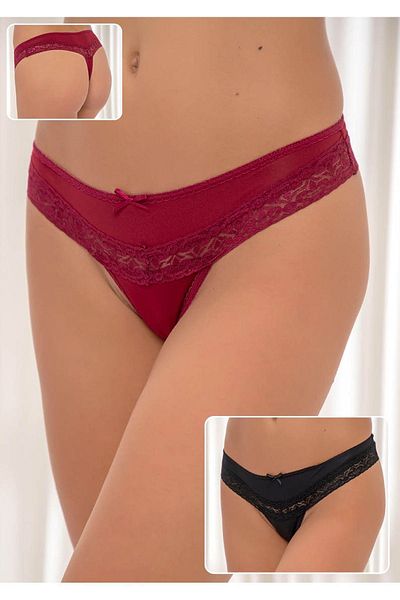 Siyah İnci Burgundy-black 2-pack Cotton Lace Lycra Thong
