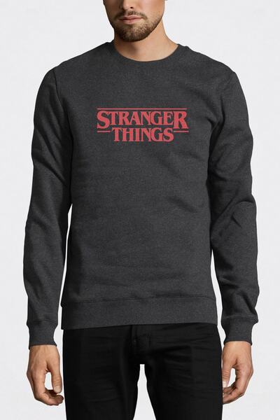 QIVI Stranger Things Logo Printed Smoked Anthracite Men's Knitted Sweatshirt ...