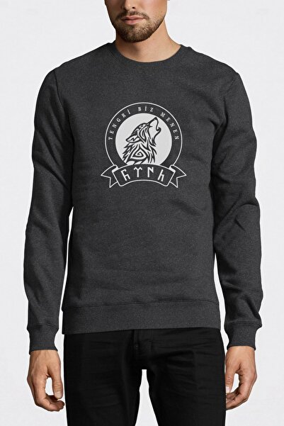 QIVI Gokturk Tengri Biz Menen Printed Smoked Anthracite Men's Knitted Sweatsh...