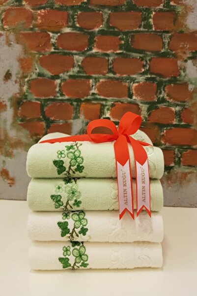 Özdilek Dila V2 Вишитий рушник, 4 шт. - Зелений кремовий