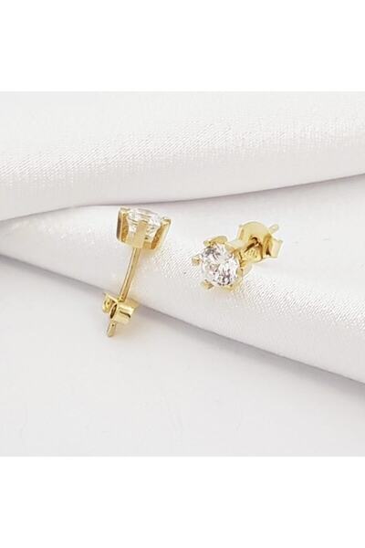 ACCESSORIES WORLD Çelik Altın Kaplama Taşlı Top Küpe Gold