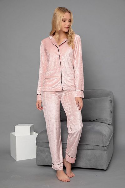 ELİTOL Women's Pink Buttoned Velvet Pajama Set