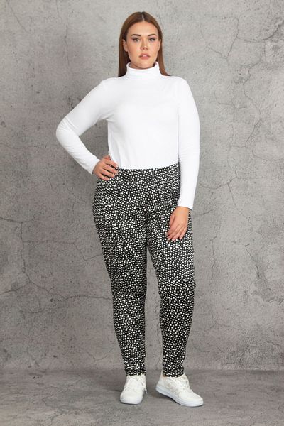 Şans Women's Large Size Black Elastic Waist Grass Stitched Patterned Trousers 65n19880