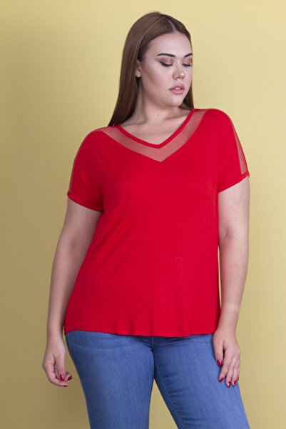 Şans Bluză din viscoză cu guler și mâneci roșii de mărime mare pentru femei 6...