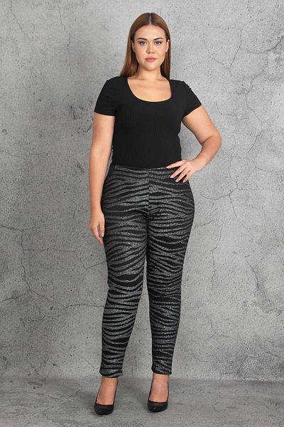 Şans Women's Large Size Black Waist Side Elastic Glitter Detailed Gathering Trousers 65n19874