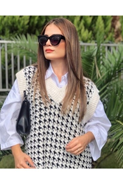 Zeynur Women's Ecru Goose Feet Pattern Knitwear Sweater