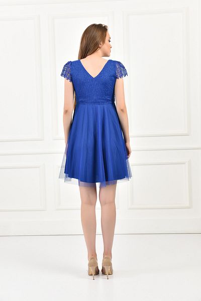 Ceylen Rochie de seară scurtă pentru femei, albastru bleumarin, față, spate, cu decolteu în V, cu mâneci, cu cataramă în talie