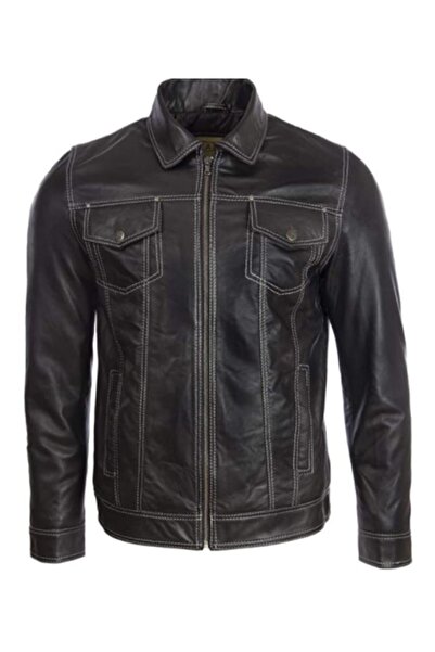 DESARO Erkek Siyah Gömlek Yaka Hakiki Deri Mont