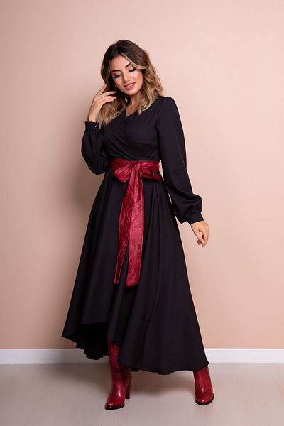 Bidoluelbise Rochie de damă din piele burgundă cu curea neagră cu mânecă lungă cu croială asimetrică