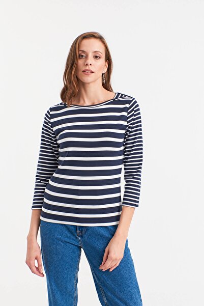 Hanna's by Hanna Darsa Kadın Lacivert-beyaz Kalın Ve Ince Çizgili Örme Bluz