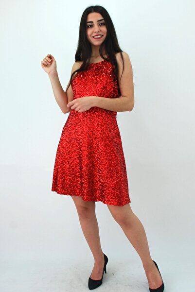 Elifim Moda Kadın Kırmızı Pul Payetli Kolsuz  Mini Elbise