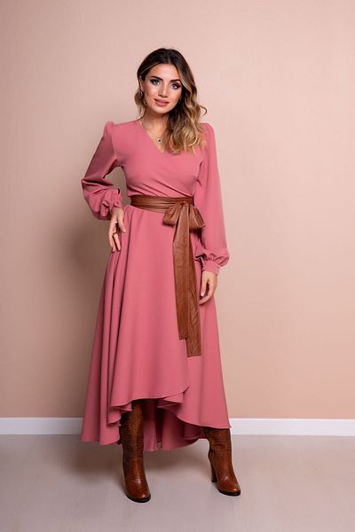 Bidoluelbise Γυναικείο Dusty Rose Δερμάτινο Φόρεμα με μακρύ μανίκι ασύμμετρο κομμένο