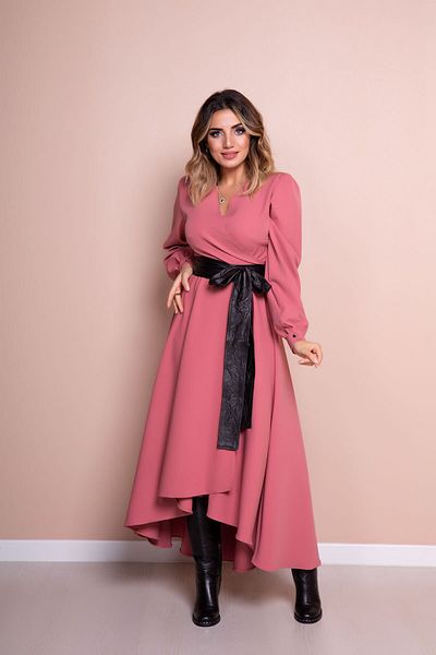 Bidoluelbise Γυναικείο Dusty Rose Μαύρο Δερμάτινο Φόρεμα με μακρύ μανίκι ασύμμετρο κομμένο