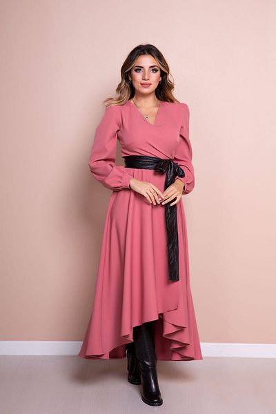 Bidoluelbise Γυναικείο Dusty Rose Μαύρο Δερμάτινο Φόρεμα με μακρύ μανίκι ασύμμετρο κομμένο