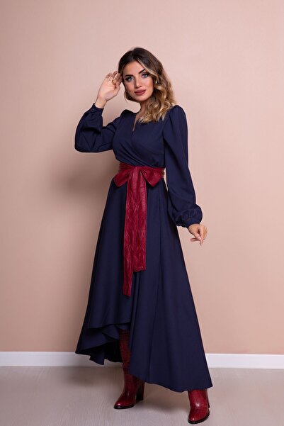 Bidoluelbise Жіноча темно-синя сукня з бордовим шкіряним поясом темно-синя сукня з довгим рукавом та асиметричним вирізом