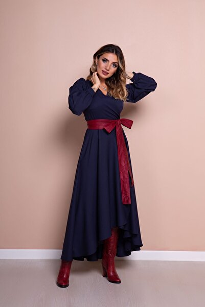 Bidoluelbise Жіноча темно-синя сукня з бордовим шкіряним поясом темно-синя сукня з довгим рукавом та асиметричним вирізом