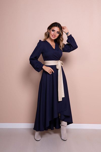 Bidoluelbise Rochie de damă, albastru bleumarin, cu curea din piele, cu mânecă lungă, cu croiala asimetrică
