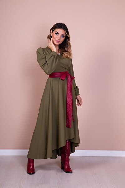 Bidoluelbise Women's Burgundy Leather Belt Khaki Long Sleeve Asymmetric Cut Dress