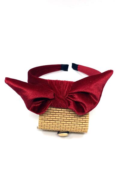 Tahtakaledeyim عصابة رأس مع أذنين، قماش مخملي، لون أحمر خمري، رباط شعر
