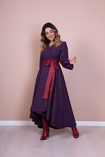 Bidoluelbise Rochie de damă din piele de prune bordeaux cu curea cu mânecă lungă cu croială asimetrică