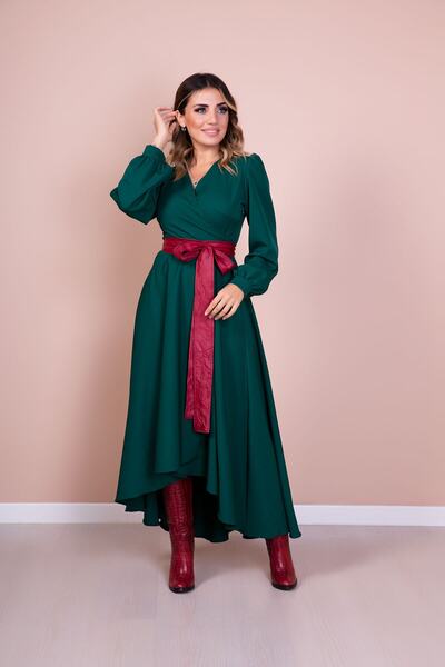 Bidoluelbise فستان نسائي من الجلد باللون العنابي بحزام زمردي بأكمام طويلة غير...