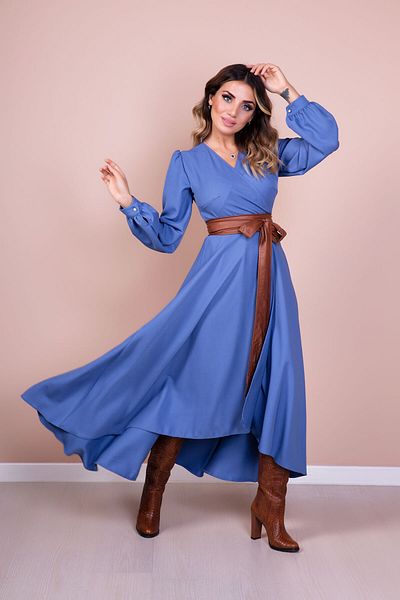 Bidoluelbise Rochie de damă din piele maronie cu centură albastră cu mânecă lungă cu croială asimetrică