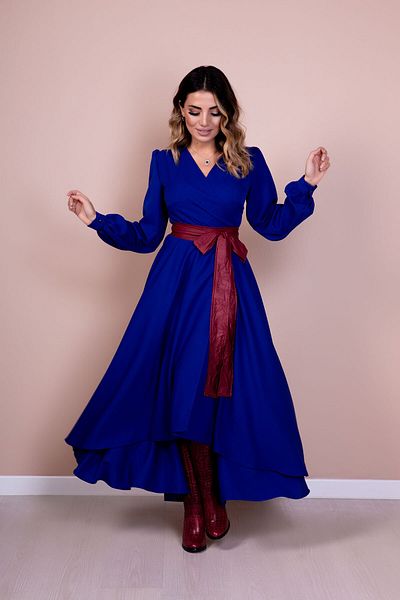 Bidoluelbise Rochie de damă din piele burgundă cu centură sax cu mânecă lungă cu croială asimetrică