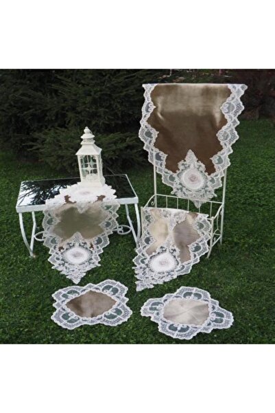 Finezza Set de sufragerie Öykü din catifea cu aplicații și dantelă, kaki, 5 piese - 851