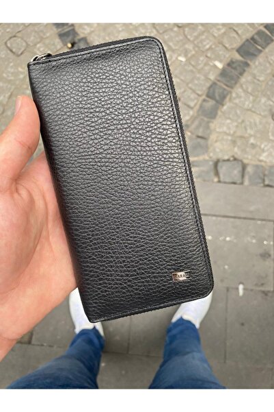 Karalı Deri Karali Deri Telefon Bölmeli Siyah Fermuarlı Hakiki Deri Cüzdan