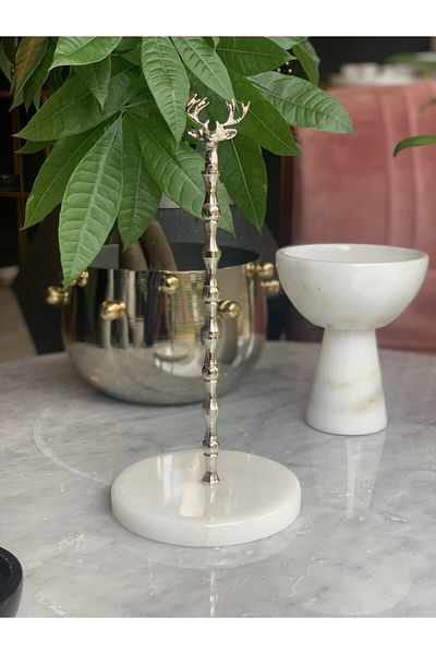 mar&more White Marble Towel Holder with Deer Figure - Silver Color