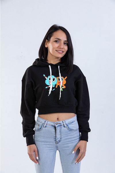 Raf Coll Women's Black Long Sleeve Hooded Gumball Printed Crop Sweatshirt