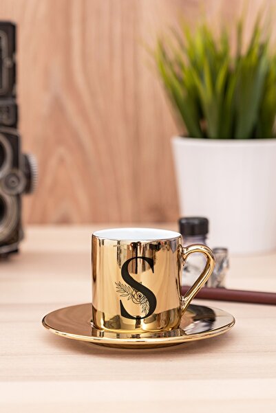 Procity S Harfi Çiçekli Gold Türk Kahvesi Fincanı