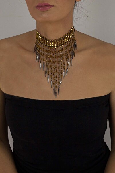 Bijusel Kristal Elişi Gerdanlık Kolye Altın