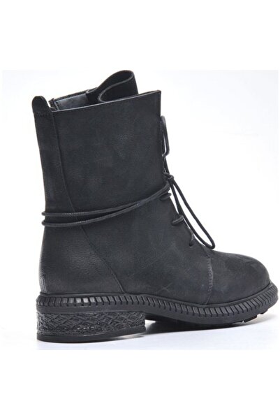 Bulldozer 220621 Siyah Nubuk Hakiki Deri Kadın Kauçuk Bağcıklı Kışlık Postal Bot Unisex Ayakkabı