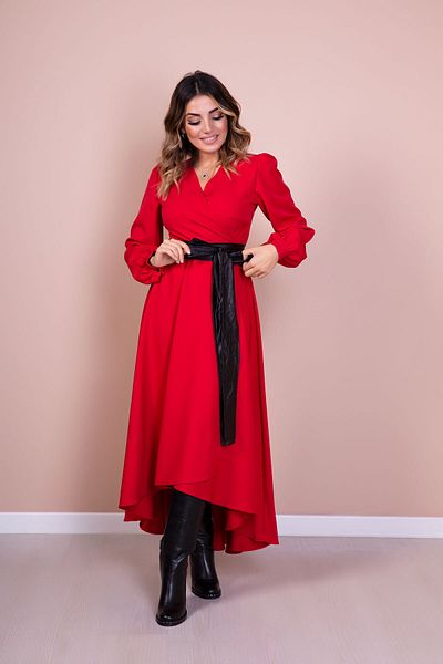 Bidoluelbise Rochie de damă din piele roșie cu curea cu mânecă lungă cu croială asimetrică
