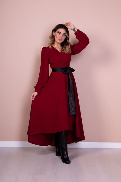 Bidoluelbise Rochie de damă din piele neagră bordeaux cu curea cu mânecă lungă cu croială asimetrică