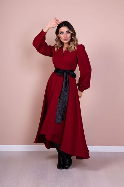 Bidoluelbise Rochie de damă din piele neagră bordeaux cu curea cu mânecă lungă cu croială asimetrică